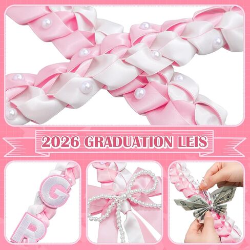 Janinka 2026 Graduation Leis Class of 2026 Grad Ribbon 47 Inch Double Braided Necklace Handmade Pearl Bow Money Leis Graduation Party Accessories for Graduates High School College in Saudi Arabia