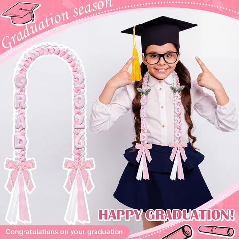 Janinka 2026 Graduation Leis Class of 2026 Grad Ribbon 47 Inch Double Braided Necklace Handmade Pearl Bow Money Leis Graduation Party Accessories for Graduates High School College in Saudi Arabia