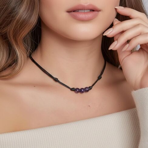 Luck Strings Amethyst Choker – Adjustable Black Cord Gemstone Jewelry, Minimalist Unisex Design, Handmade in USA, Gift Ready in Saudi Arabia