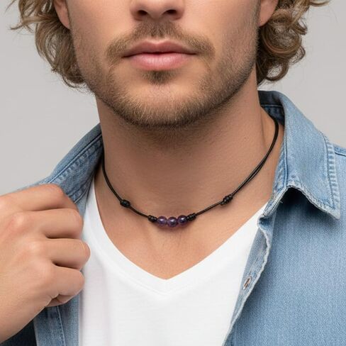 Luck Strings Amethyst Choker – Adjustable Black Cord Gemstone Jewelry, Minimalist Unisex Design, Handmade in USA, Gift Ready in Saudi Arabia