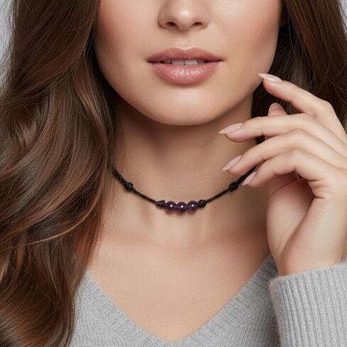 Luck Strings Amethyst Choker – Adjustable Black Cord Gemstone Jewelry, Minimalist Unisex Design, Handmade in USA, Gift Ready in Saudi Arabia