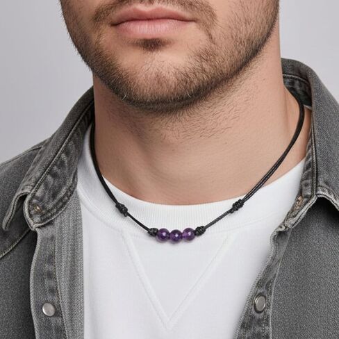 Luck Strings Amethyst Choker – Adjustable Black Cord Gemstone Jewelry, Minimalist Unisex Design, Handmade in USA, Gift Ready in Saudi Arabia