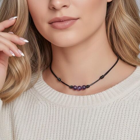 Luck Strings Amethyst Choker – Adjustable Black Cord Gemstone Jewelry, Minimalist Unisex Design, Handmade in USA, Gift Ready in Saudi Arabia