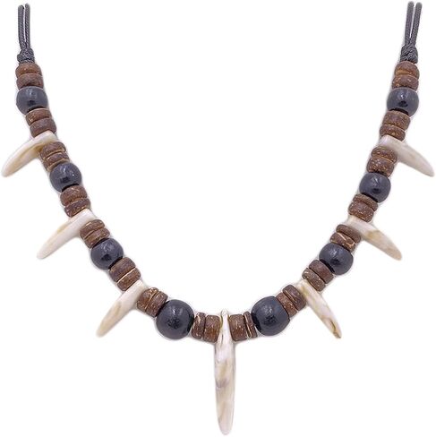 Handmade Wooden Bead Resin Tooth Adjustable Caveman Necklace for Men Women in Kuwait