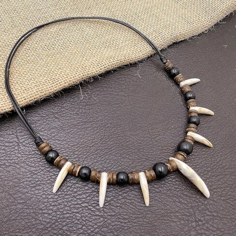 Handmade Wooden Bead Resin Tooth Adjustable Caveman Necklace for Men Women in Kuwait