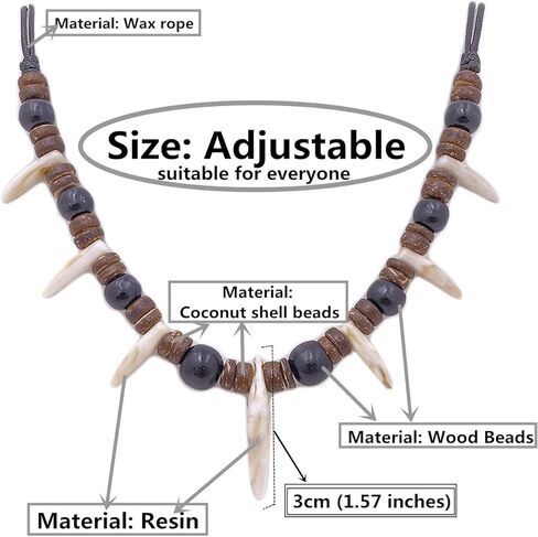 Handmade Wooden Bead Resin Tooth Adjustable Caveman Necklace for Men Women in Kuwait