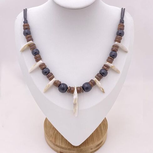 Handmade Wooden Bead Resin Tooth Adjustable Caveman Necklace for Men Women in Kuwait