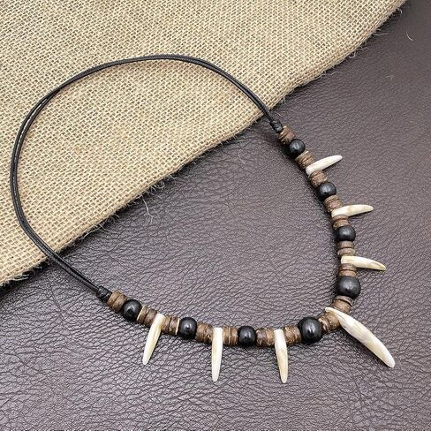 Handmade Wooden Bead Resin Tooth Adjustable Caveman Necklace for Men Women in Kuwait