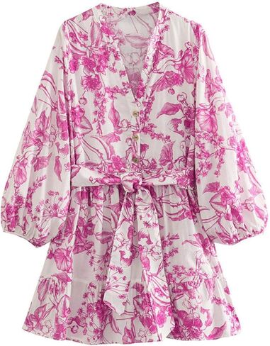 CHICWISH Women Floral Print Long Lantern Sleeves Mini Dress V Neck Button Summer Beach Vacation Frilling Dress with Belt in Saudi Arabia