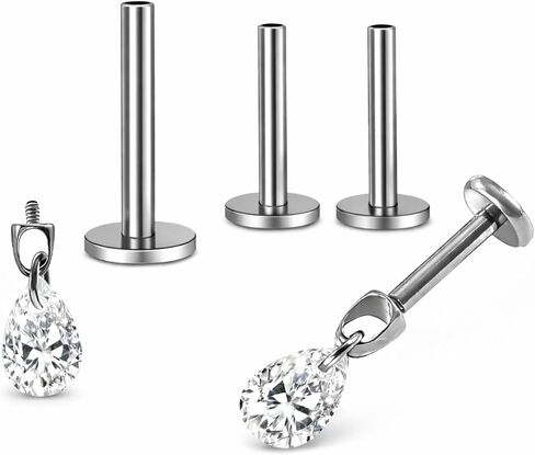 Titanium Pear Cut Labret Stud Dangle Earrings for Piercings by Ginger Lyne Teardrop Cz 6Pc Set G23 Screw Front Flat Back Body Jewelry 2 pair post 6mm, 8mm Cartilage, Helix, Tragus, Lip, Conch, Lobe in Saudi Arabia