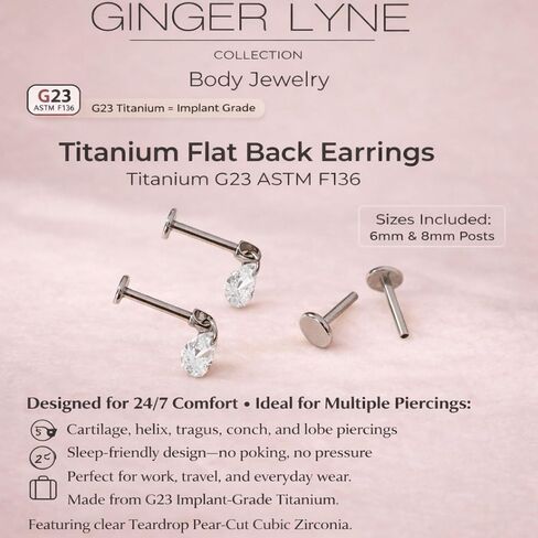 Titanium Pear Cut Labret Stud Dangle Earrings for Piercings by Ginger Lyne Teardrop Cz 6Pc Set G23 Screw Front Flat Back Body Jewelry 2 pair post 6mm, 8mm Cartilage, Helix, Tragus, Lip, Conch, Lobe in Saudi Arabia