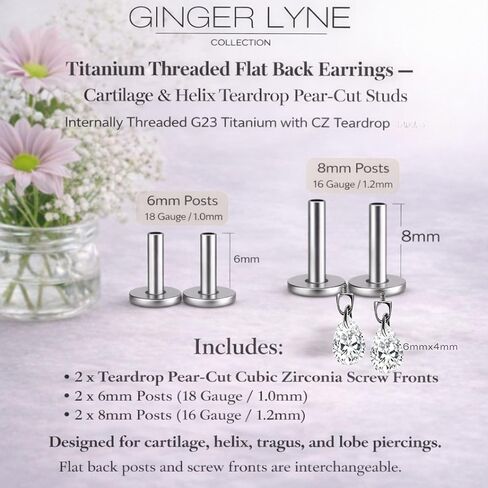 Titanium Pear Cut Labret Stud Dangle Earrings for Piercings by Ginger Lyne Teardrop Cz 6Pc Set G23 Screw Front Flat Back Body Jewelry 2 pair post 6mm, 8mm Cartilage, Helix, Tragus, Lip, Conch, Lobe in Saudi Arabia