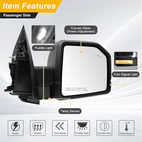 Passenger Side Rearview Mirror for Ford F-150 2015-2020, Original Power Heated Door Mirrors with Blind Spot Detection, Turn Signal Light, Puddle Light, Temp Sensor, 11 Pins - OE Style in Saudi Arabia