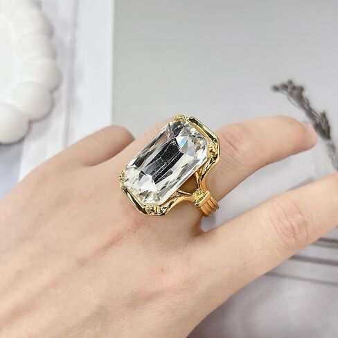 Bling Rhinestone Rectangle Statement Knuckle Cocktail Ring Adjustable Band for Women Trendy Geometric Sparkly Clear Crystal Chunky Open Finger Rings Engagement Wedding Promise Party Prom Jewelry Gift in Saudi Arabia