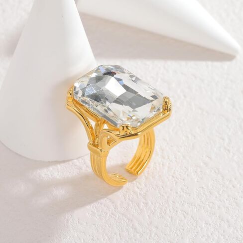 Bling Rhinestone Rectangle Statement Knuckle Cocktail Ring Adjustable Band for Women Trendy Geometric Sparkly Clear Crystal Chunky Open Finger Rings Engagement Wedding Promise Party Prom Jewelry Gift in Saudi Arabia