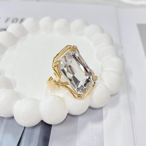Bling Rhinestone Rectangle Statement Knuckle Cocktail Ring Adjustable Band for Women Trendy Geometric Sparkly Clear Crystal Chunky Open Finger Rings Engagement Wedding Promise Party Prom Jewelry Gift in Saudi Arabia