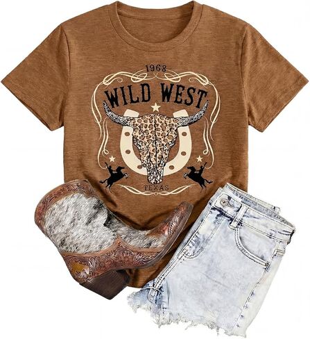 القمصان الغربية للنساء خمر البقرة الجمجمة روديو الجرافيك المحملة قمم قصيرة الأكمام Crewneck مضحك راعية البقر البلد الحفل تي شيرت in Kuwait