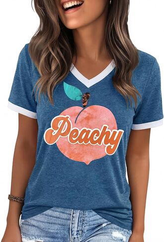 تي شيرتات نسائية من YEXIPO تي شيرتات جرافيك بأكمام قصيرة ورقبة على شكل حرف V وطباعة حروف مضحكة كاجوال فضفاضة وجذابة للصيف in Kuwait