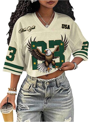 Women's Graphic Jersey Shirts Number Half Sleeve V Neck Sports Crop Tees in Saudi Arabia