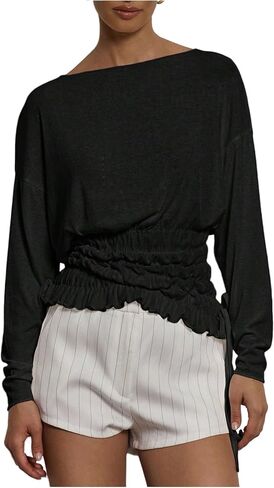 Milumia Women's Boat Neck Long Sleeve Ruched T Shirt Smocked Asymmetrical Hem Sheer Tops in Saudi Arabia