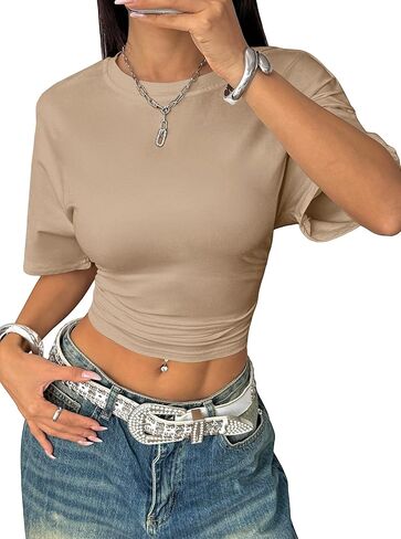 LovelyWholesale Women Ruched Crop Tops Casual Summer Short Sleeve T Shirts in Saudi Arabia