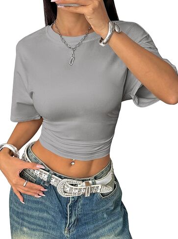 LovelyWholesale Women Ruched Crop Tops Casual Summer Short Sleeve T Shirts in Saudi Arabia