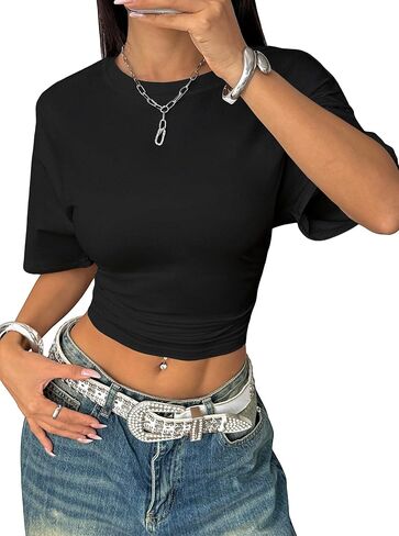 LovelyWholesale Women Ruched Crop Tops Casual Summer Short Sleeve T Shirts in Saudi Arabia