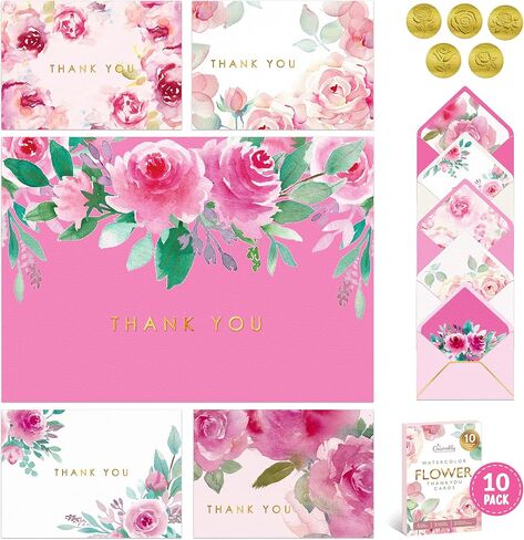 Decorably 10 Pack Gold-Foiled 5x3.75in Textured Floral Thank You Cards with Envelopes Watercolor Prints & Stickers, 5 Folded Elegant Designs for Friends, Family & Loved Ones, Blank Inside in Saudi Arabia