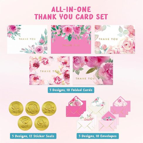Decorably 10 Pack Gold-Foiled 5x3.75in Textured Floral Thank You Cards with Envelopes Watercolor Prints & Stickers, 5 Folded Elegant Designs for Friends, Family & Loved Ones, Blank Inside in Saudi Arabia
