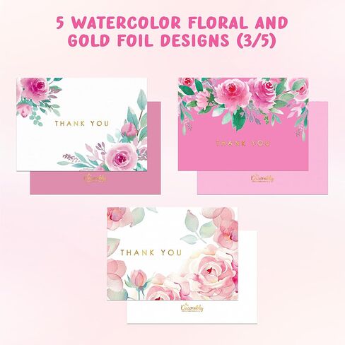 Decorably 10 Pack Gold-Foiled 5x3.75in Textured Floral Thank You Cards with Envelopes Watercolor Prints & Stickers, 5 Folded Elegant Designs for Friends, Family & Loved Ones, Blank Inside in Saudi Arabia