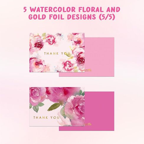Decorably 10 Pack Gold-Foiled 5x3.75in Textured Floral Thank You Cards with Envelopes Watercolor Prints & Stickers, 5 Folded Elegant Designs for Friends, Family & Loved Ones, Blank Inside in Saudi Arabia
