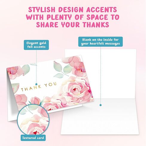 Decorably 10 Pack Gold-Foiled 5x3.75in Textured Floral Thank You Cards with Envelopes Watercolor Prints & Stickers, 5 Folded Elegant Designs for Friends, Family & Loved Ones, Blank Inside in Saudi Arabia