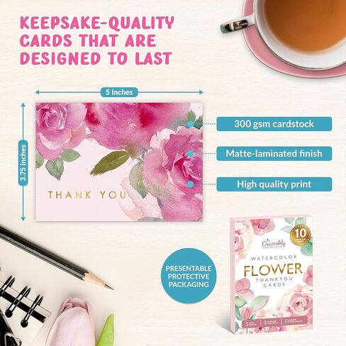 Decorably 10 Pack Gold-Foiled 5x3.75in Textured Floral Thank You Cards with Envelopes Watercolor Prints & Stickers, 5 Folded Elegant Designs for Friends, Family & Loved Ones, Blank Inside in Saudi Arabia