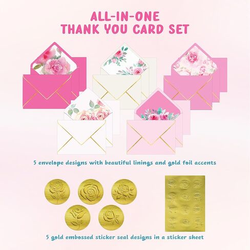Decorably 10 Pack Gold-Foiled 5x3.75in Textured Floral Thank You Cards with Envelopes Watercolor Prints & Stickers, 5 Folded Elegant Designs for Friends, Family & Loved Ones, Blank Inside in Saudi Arabia