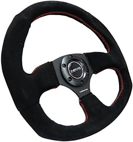 NRG Innovations NRG-RST-009S-RS عجلة قيادة معززة من جلد الغزال مع/غرزة حمراء على شكل حرف D بقاعدة مسطحة 320 مم / 330 مم in Saudi Arabia
