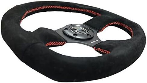 NRG Innovations NRG-RST-009S-RS عجلة قيادة معززة من جلد الغزال مع/غرزة حمراء على شكل حرف D بقاعدة مسطحة 320 مم / 330 مم in Saudi Arabia