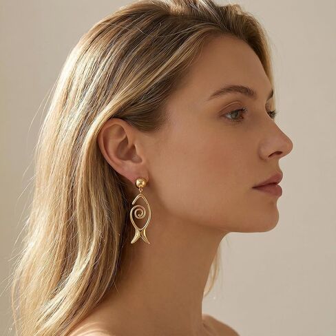 Gold Fish Drop Earrings Dainty Statement Beach Earrings for Women Trendy Summer Ocean Jewelry for gifts in Kuwait