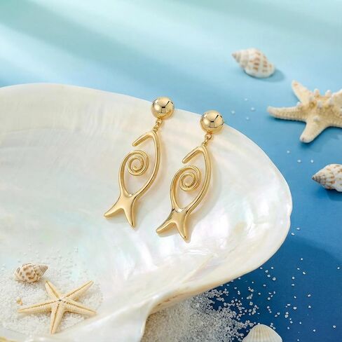 Gold Fish Drop Earrings Dainty Statement Beach Earrings for Women Trendy Summer Ocean Jewelry for gifts in Kuwait