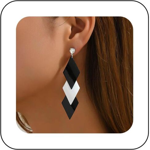 Vintage Long Square Dangle Earrings Metal Square Drop Earrings Black White Squares Earring Exaggerated Geometric Earring Jewelry for Women in Saudi Arabia