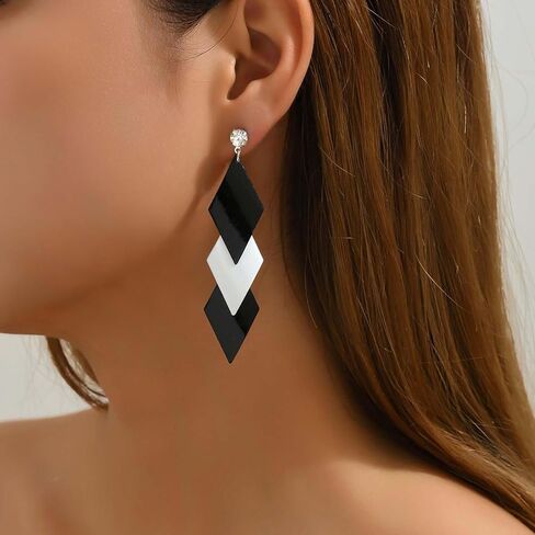 Vintage Long Square Dangle Earrings Metal Square Drop Earrings Black White Squares Earring Exaggerated Geometric Earring Jewelry for Women in Saudi Arabia