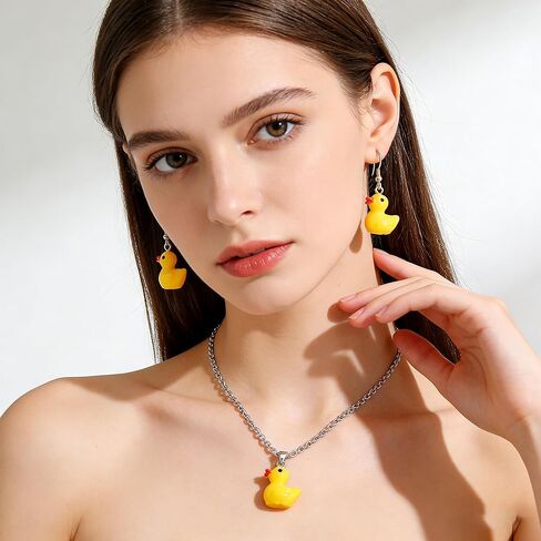 Yellow Duck Earring for Women Cute Duck Dangle Earrings Necklace Set Lovely Animal Duck Drop Earring Set Statement Jewelry in Kuwait