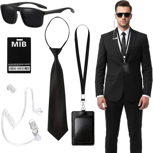 Agent Costume Accessories Set, Secret Service Costume Set with Necktie Sunglasses ID Card Earpiece, Security Guard Accessories for Costume Cosplay Black in Kuwait