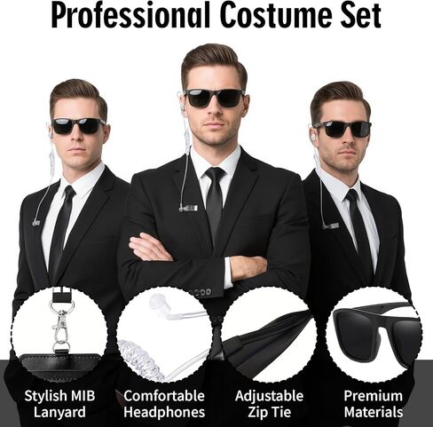 Agent Costume Accessories Set, Secret Service Costume Set with Necktie Sunglasses ID Card Earpiece, Security Guard Accessories for Costume Cosplay Black in Kuwait