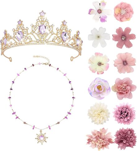 مجموعة إكسسوارات زي الأميرة للنساء تاج ذهبي لامع مع كريستالات أرجوانية قلادة على شكل شمس 20 قطعة مشبك شعر على شكل زهرة لحفلات أعياد الميلاد والهالوين in Kuwait