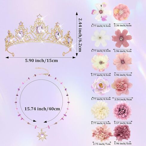 مجموعة إكسسوارات زي الأميرة للنساء تاج ذهبي لامع مع كريستالات أرجوانية قلادة على شكل شمس 20 قطعة مشبك شعر على شكل زهرة لحفلات أعياد الميلاد والهالوين in Kuwait