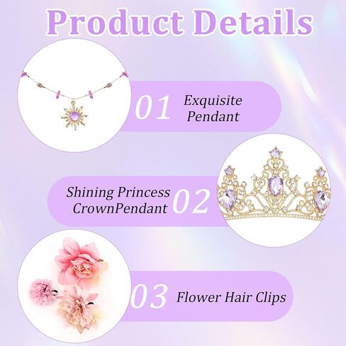 مجموعة إكسسوارات زي الأميرة للنساء تاج ذهبي لامع مع كريستالات أرجوانية قلادة على شكل شمس 20 قطعة مشبك شعر على شكل زهرة لحفلات أعياد الميلاد والهالوين in Kuwait