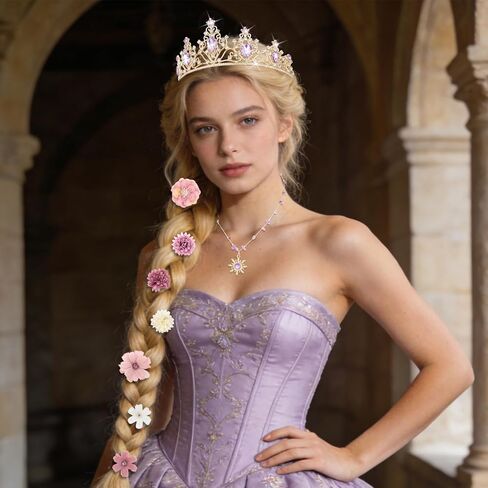 مجموعة إكسسوارات زي الأميرة للنساء تاج ذهبي لامع مع كريستالات أرجوانية قلادة على شكل شمس 20 قطعة مشبك شعر على شكل زهرة لحفلات أعياد الميلاد والهالوين in Kuwait