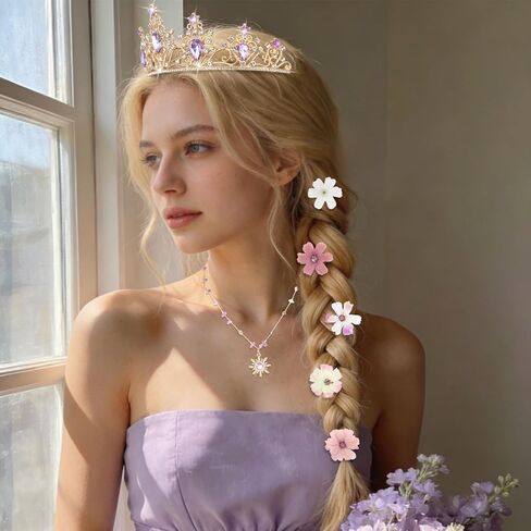 مجموعة إكسسوارات زي الأميرة للنساء تاج ذهبي لامع مع كريستالات أرجوانية قلادة على شكل شمس 20 قطعة مشبك شعر على شكل زهرة لحفلات أعياد الميلاد والهالوين in Kuwait