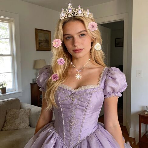 مجموعة إكسسوارات زي الأميرة للنساء تاج ذهبي لامع مع كريستالات أرجوانية قلادة على شكل شمس 20 قطعة مشبك شعر على شكل زهرة لحفلات أعياد الميلاد والهالوين in Kuwait