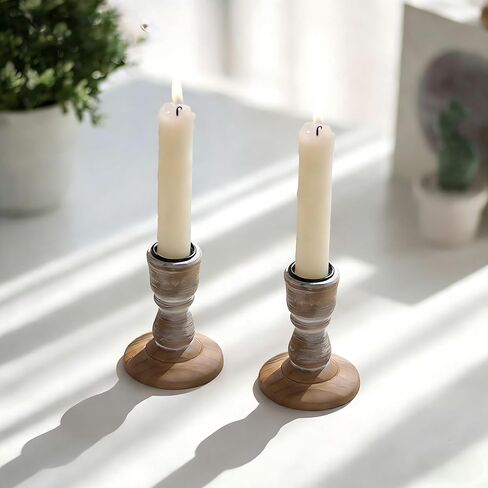 NUPTIO Taper Candle Holders Wood: 2 Pcs Rustic Brown Wooden Candlestick Holder - Vintage Small Farmhouse Candles Stick Candleholder for Christmas Wedding Party Home Living Room Table Decor in Kuwait